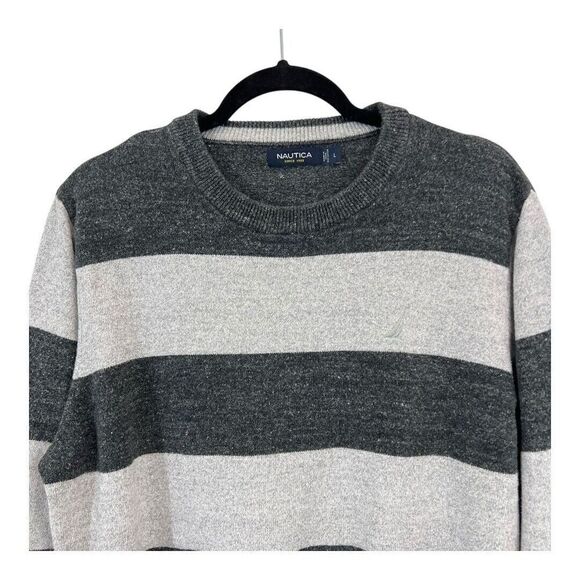 Nautica Mens Size L Gray Color Block Cotton Pullover Sweater - Picture 2 of 4
